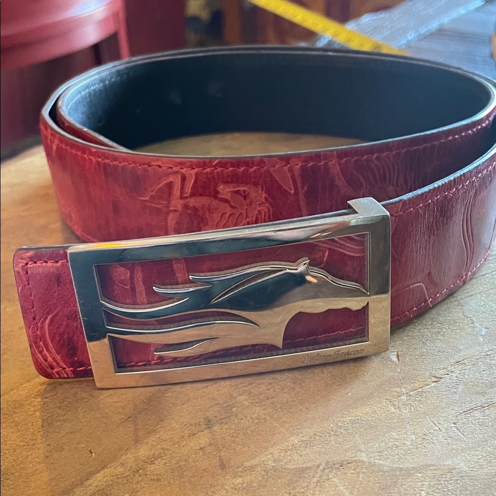 Stefano Laviano Red Leather Belt Horse Stamped leather with Silver horse Buckle